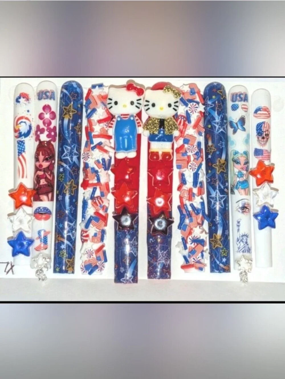 Hand CRAFTED 6XL Patriotic Red, White & Blue Press-On Nails - Star & Flag
